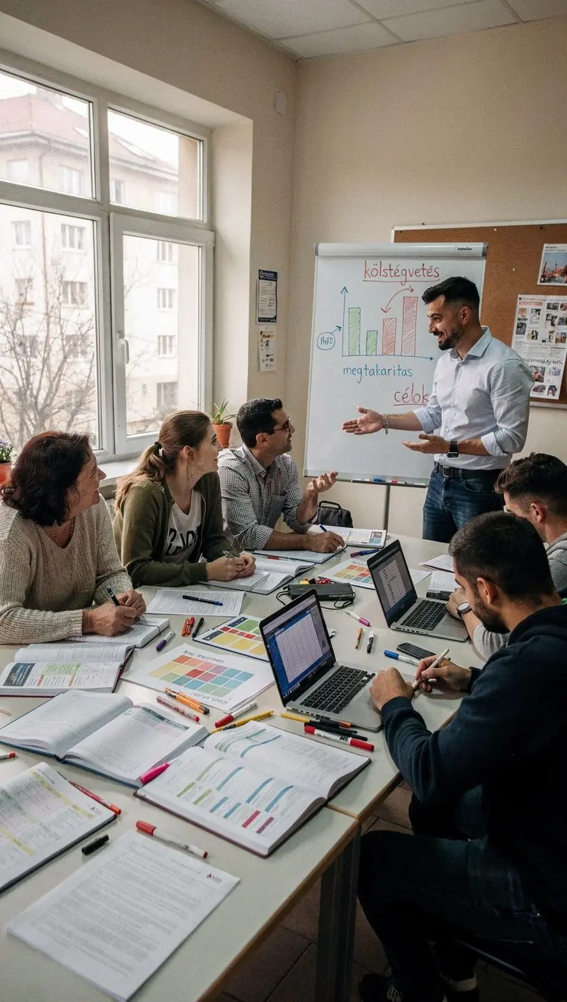 Pénzügyi tanácsadói iroda belső tere, ahol ügyfelek pénzügyi terveiket egyeztetik szakértőkkel.