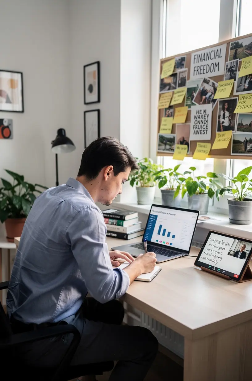 Könyvcsomagok a pénzügyi tervezéshez, többféle tematikus kiadvány egy helyen, rendezett polcokon.